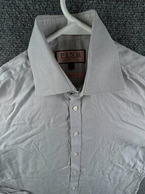 Thomas Pink Long Sleeve Button Up Shirt Men 15.5 Slim Fit Gray Striped French